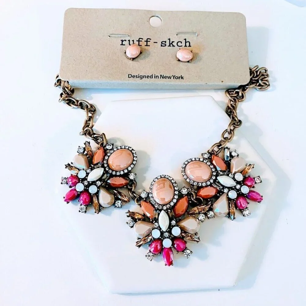 Ruff-Skch Statement Necklace & Earrings Set Multi-Color Gemstones & Rhinestones